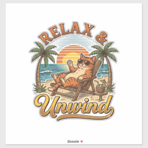 Ontspan & Uitwaaien Strandkat Vintage Gravure Ontw Sticker