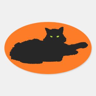 Ontspannen Black Cat Silhouet op Sinaasappel Ovale Sticker
