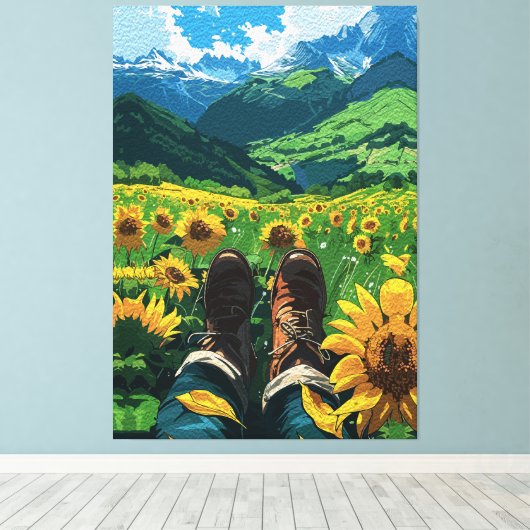 Ontspannen in het zonnebloemparadijs canvas afdruk (Insitu (Houten vloer))