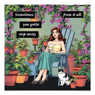 Ontspannen met koffie, Planten en katten Foto Afdruk