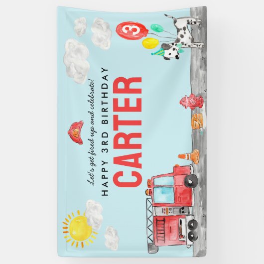 Ontsteek Fire Truck Brandweerman Kinderen Verjaard Spandoek (Verticaal)