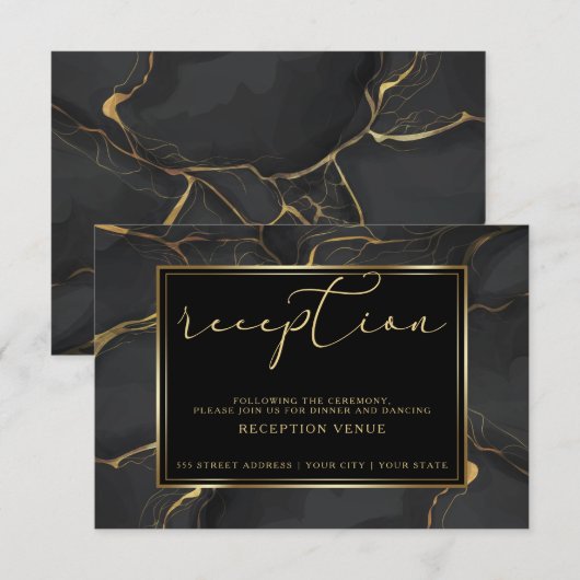 ONTVANGST | Elegant Black en Gold Marble Kaart (Voorkant / Achterkant)