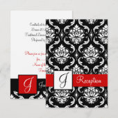 Ontvangstkaart met Rood Zwarte Damast Monogram Kaart (Voorkant / Achterkant)