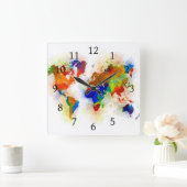 Ontwerp 77 multicolor-wereldkaart vierkante klok (Huis)