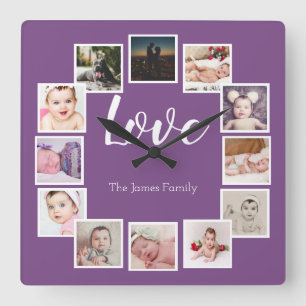 Ontwerp een 12-foto-Collage, persoonlijk Paars Vierkante Klok