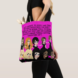 Ontwerp een vrouwelijke cartooncaricatuur cadeau m draagtas