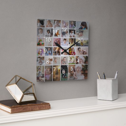 Ontwerp je eigen 35 fotocollage vierkante klok (Kantoor)