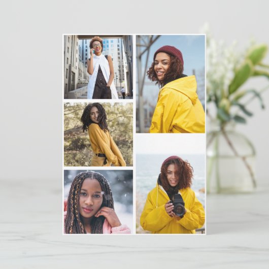 Ontwerp je eigen 5 fotocollage aankondiging (Staand voorkant)