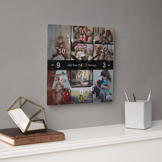 Ontwerp je eigen 9 fotocollage vierkante klok (Kantoor)
