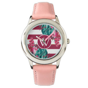 Ontwerp van Bourgogne Flowers Monogram gestript Horloge