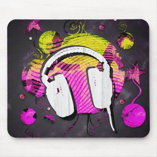 Ontwerp van de hoofdtelefoon in roze en gele achte muismat (Voorkant)