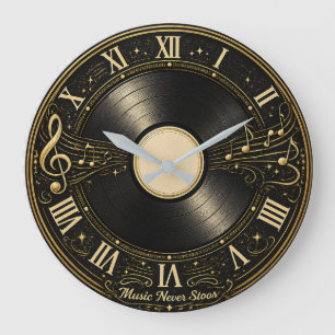 Ontwerp van een vintage vinylplaat muzieknoten wan grote klok