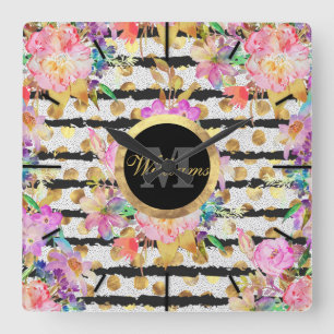 Ontwerp van elastische veerbloemen en -strepen vierkante klok