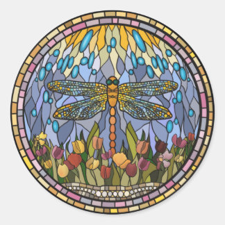 Ontwerp van Glas in lood met een Dragonfly Classic Ronde Sticker