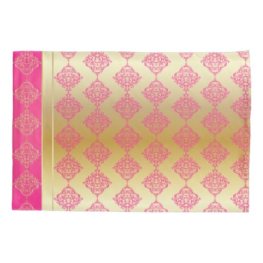 Ontwerp van het Gold- en Roze Damask-patroonpatroo Kussensloop (Achterkant)