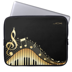 Ontwerp van Monogram Elegant Black en Gold Muziekn Laptop Sleeve