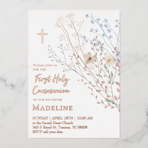 ontwerp wilde bloemen Eerste Heilige Communie Folie Uitnodiging