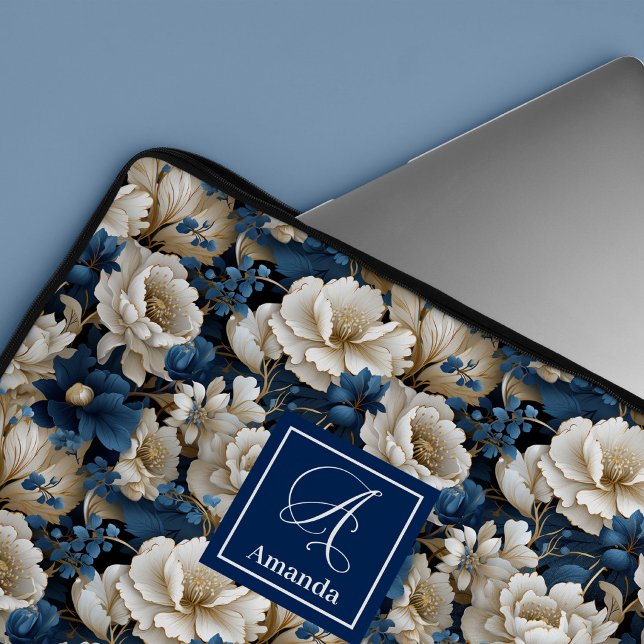 Ontwerper Blauwe Bloemen Chique Laptop Hoes Case (Designer Blue Flowers Chic Laptop Sleeve Case)