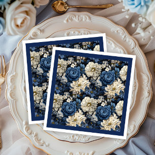 Ontwerper Navy Blauwe Ivoren Bloemrijke Chic Papie Servet