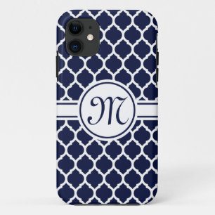 Ontwerper Navy Monogrammed Moroccan Lattice Patter iPhone 11 Hoesje