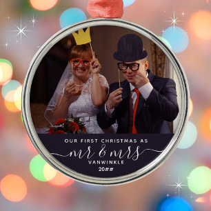 Onze 1e Kerstmis als Mr & Mrs Achternaam Marine Bl Metalen Ornament