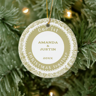 Onze 1e Kerstmis samen Gouden Krans op wit - Keramisch Ornament
