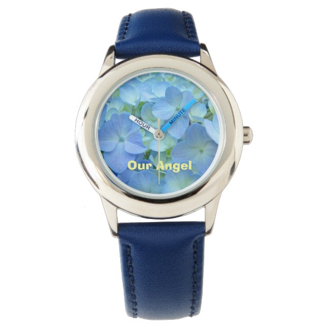 Onze Angel Watts Kinder Blue Hydrangea Flowers Horloge (Voorkant)