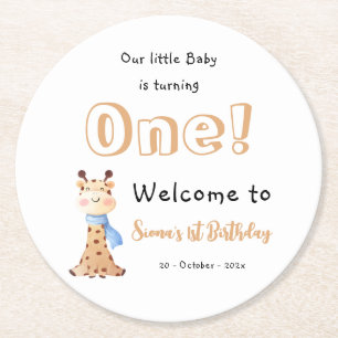 Onze baby wordt één Schattige Giraf 1e Verjaardag Ronde Kartonnen Onderzetter