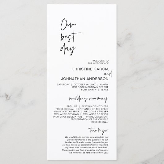 Onze beste dag, modern minimalistisch huwelijkspro programma (Voorkant)