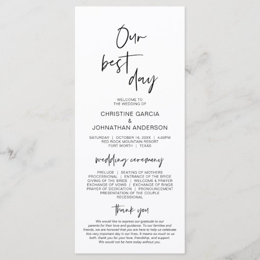 Onze beste dag, modern minimalistisch trouwprogram programma (Voorkant)