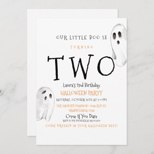 Onze Boo is twee, Cute Ghost Halloween Uitnodiging (Voorkant / Achterkant)
