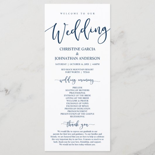 Onze bruiloft-ceremonie, Classy Navy Blue-programm Programma (Voorkant)