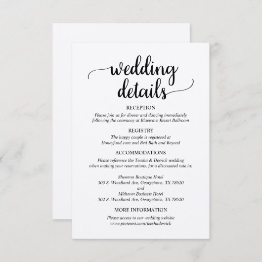 Onze bruiloft details, rustiek script, bruin kraft informatiekaartje (Voorkant / Achterkant)