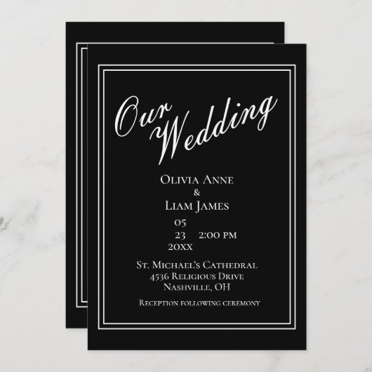 Onze bruiloft zwarte witte moderne legante bruilof kaart (Voorkant / Achterkant)