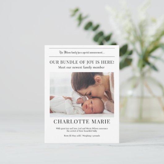 Onze bundel van vreugde is hier, Geboorteaankondig Briefkaart (Staand voorkant)