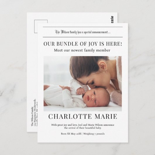 Onze bundel van vreugde is hier, Geboorteaankondig Briefkaart (Voorkant / Achterkant)