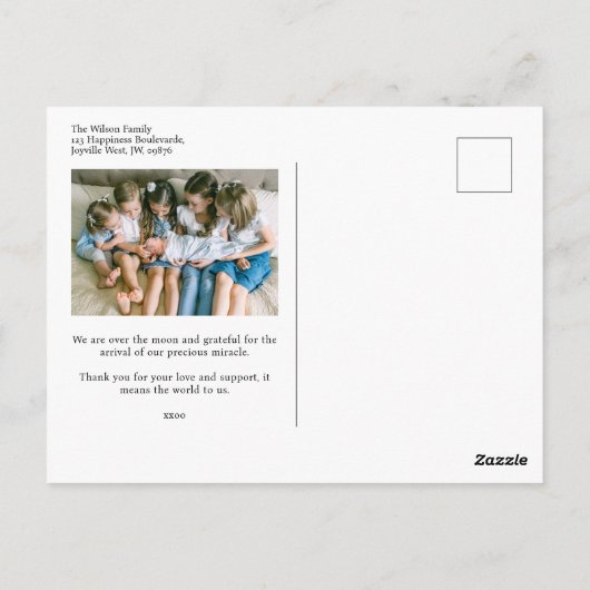 Onze bundel van vreugde is hier, Geboorteaankondig Briefkaart (Achterkant)