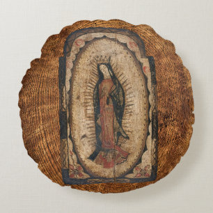 Onze dame van Guadalupe Maagd Mary Wood Kijk uit Rond Kussen