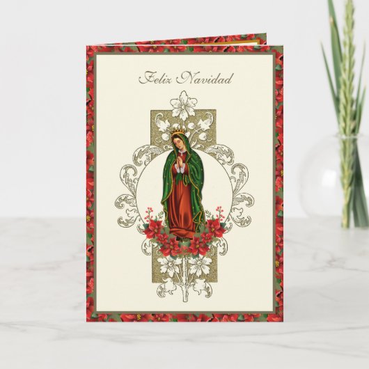 Onze dame van Guadalupe met Kerstmis Pointsettia Feestdagen Kaart (Voorkant)