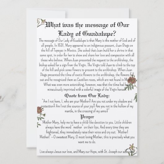 Onze dame van Guadalupe Prayer Kaart (Achterkant)