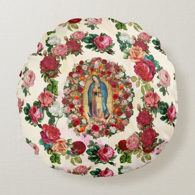 Onze dame van Guadalupe Rozen Potpourri Rond Kussen (Voorkant)