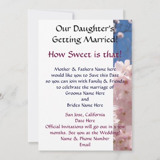 Onze dochter wordt getrouwd. Sparen de Kaart van d (Achterkant)