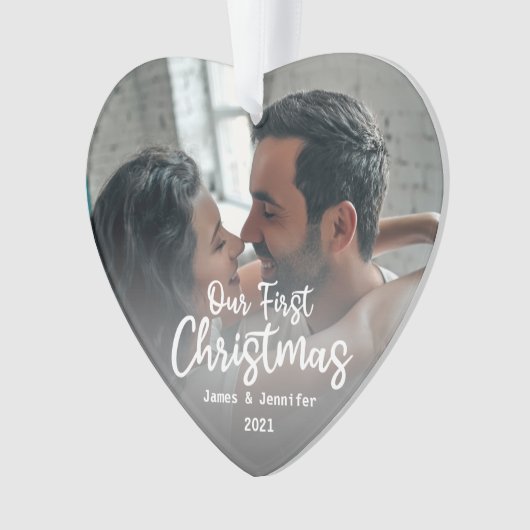 Onze eerste aangepaste kerstfeestnamen en foto's ornament (voorkant)