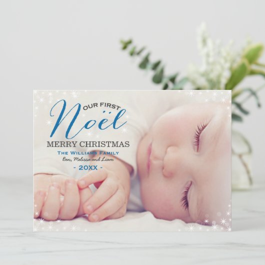 Onze eerste blauw foto-overlay baby's eerst feestdagenkaart (Staand voorkant)