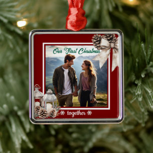 Onze eerste kerst 1 foto Snow Pine Cones Metalen Ornament