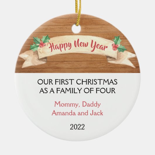 Onze eerste kerst als familie van 4 keramisch ornament (Voorkant)