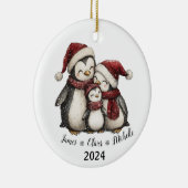 Onze eerste kerst als familie van drie pinguïns keramisch ornament (Rechts)