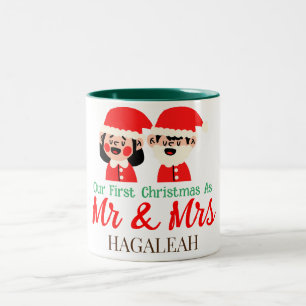 Onze eerste kerst als meneer en mevrouw pasgetrouw tweekleurige koffiemok