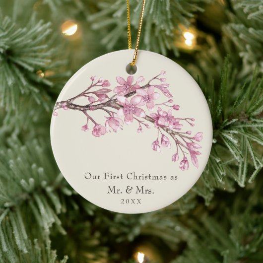 Onze eerste kerst als Mr en Mrs Cherry Blossom Keramisch Ornament (Boom)