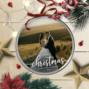 Onze eerste kerst als Mr. en Mrs. Simple Elegant Metalen Ornament